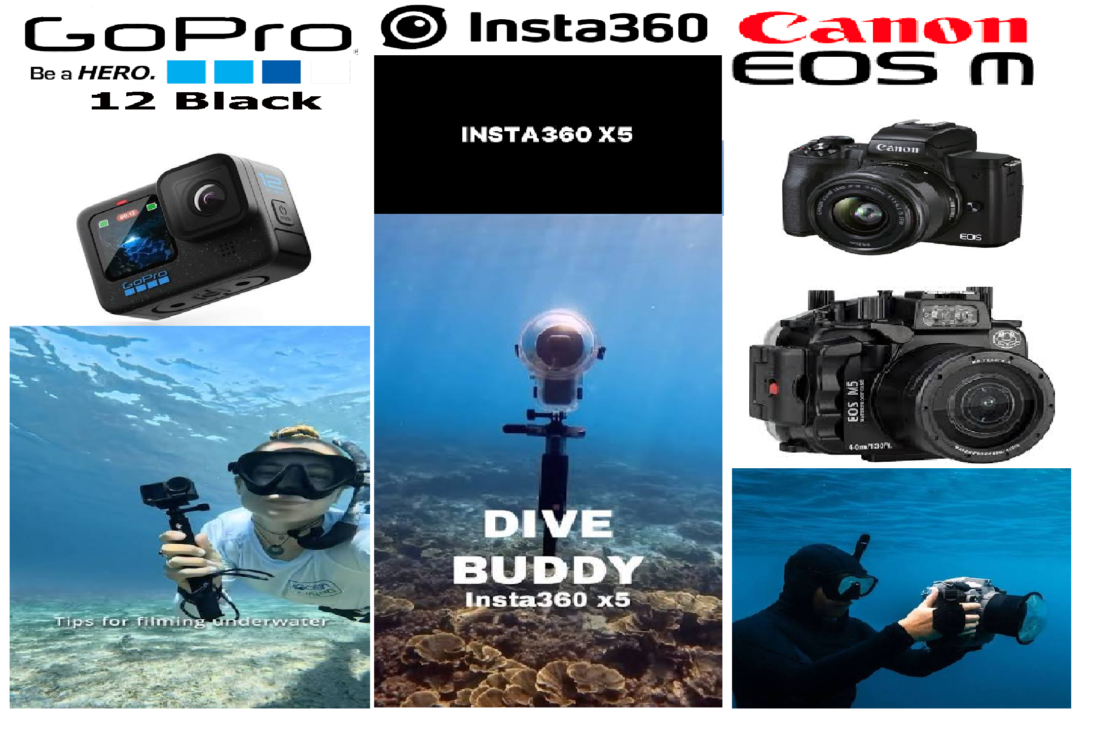 GoPro 12 Insta360 X5 and Canon EOS D Logos with pictures of cameras and underwater
